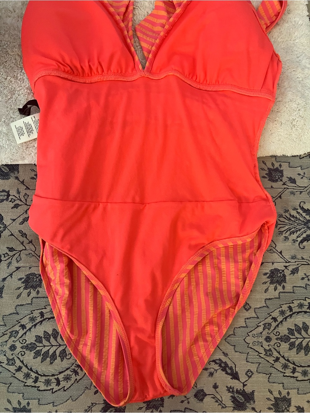 Ellen Tracy Striped Ruffle V-Neck One-Piece Swimsuit - Coral & Pink size 14 - Picture 7 of 8